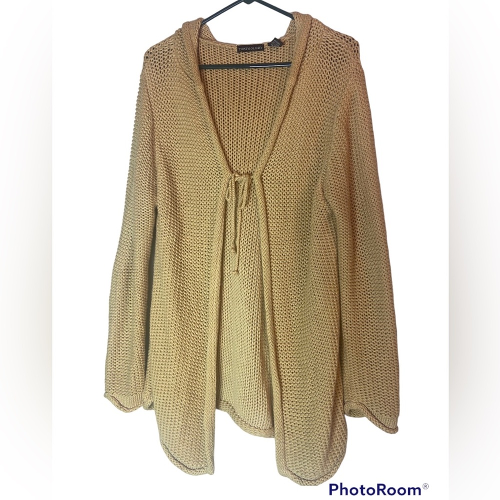 Hooded open front knit camel brown cardigan sweater ladies medium